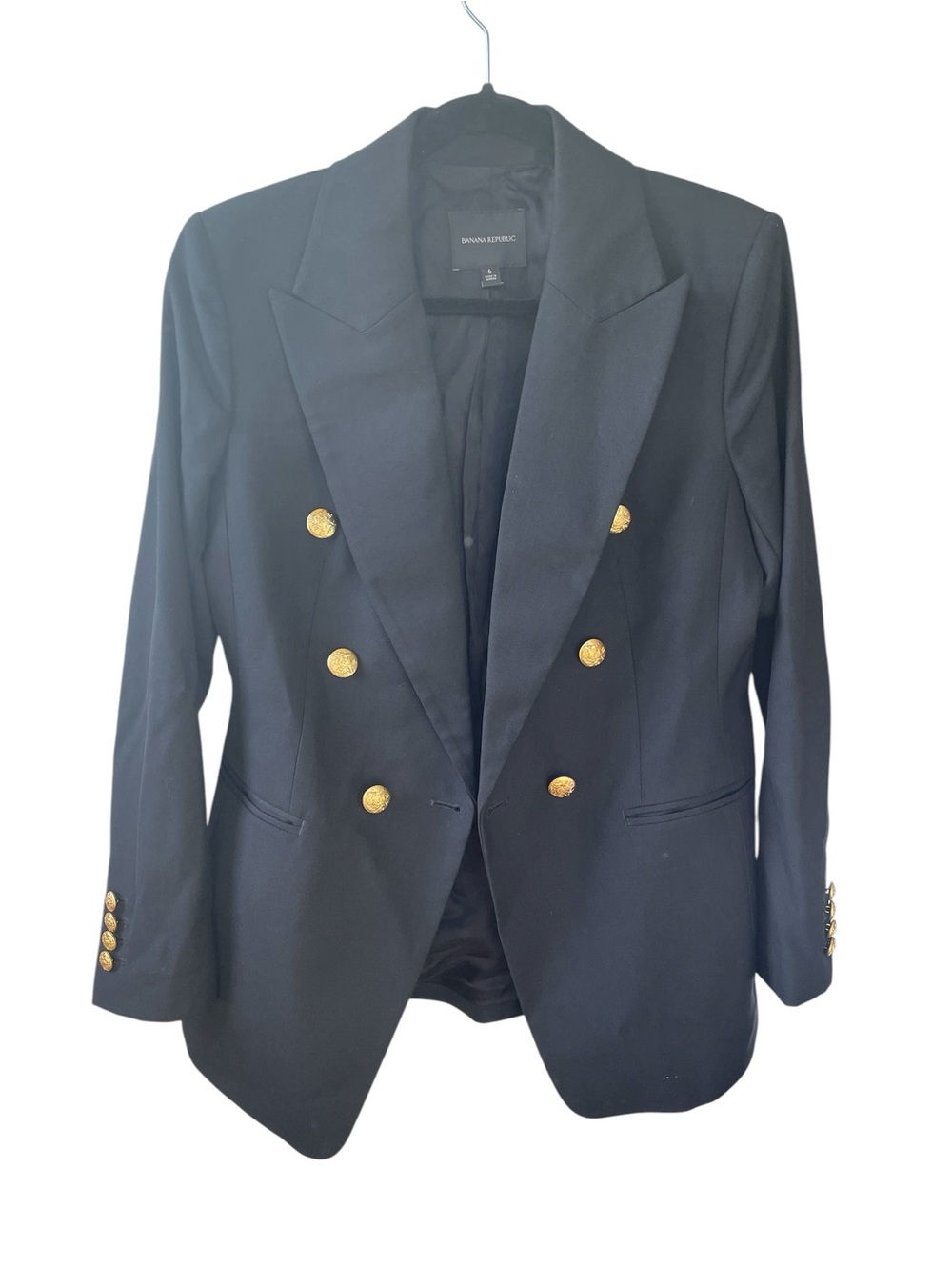 Banana Republic Black Double-Breasted Wool Captains Blazer with Gold Buttons 6